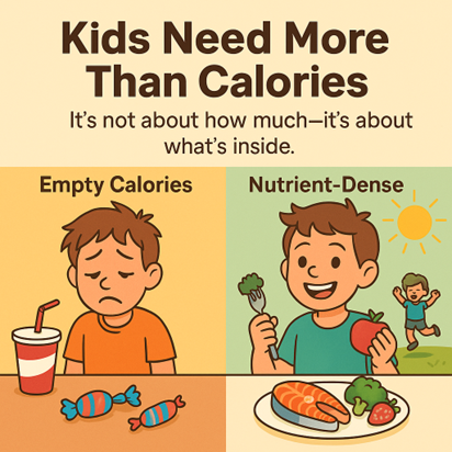 Infographic showing how nutrient-rich foods build children’s brains and bodies compared to empty-calorie foods.