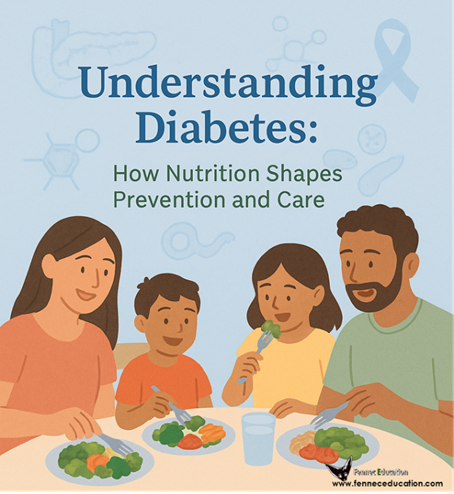A family sharing a colorful, balanced meal that includes vegetables, grains, and water — symbolizing healthy nutrition habits to prevent diabetes.