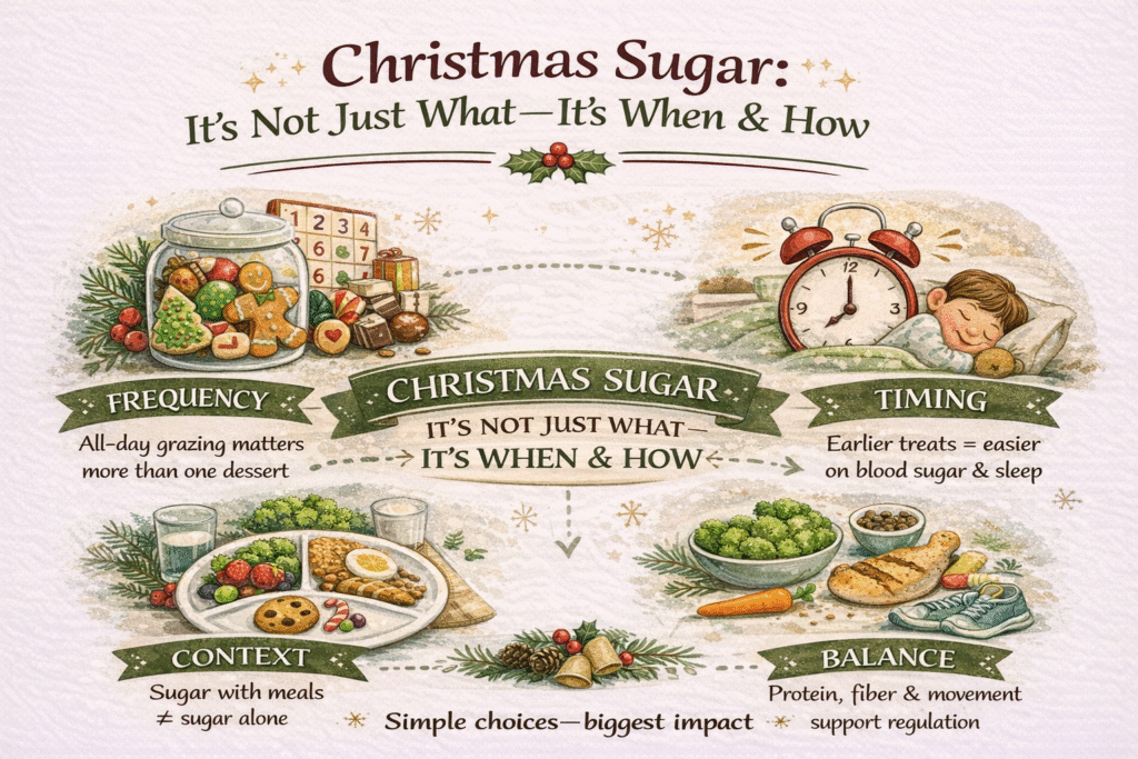Learn how sugar timing, meal balance, and routines affect kids’ bodies and behavior—and how to enjoy Christmas treats without stress or guilt.