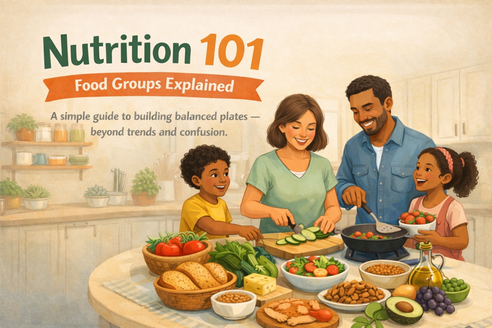A warm illustration of a family sharing a balanced meal with vegetables, grains, and protein, introducing the Nutrition 101 food groups series.