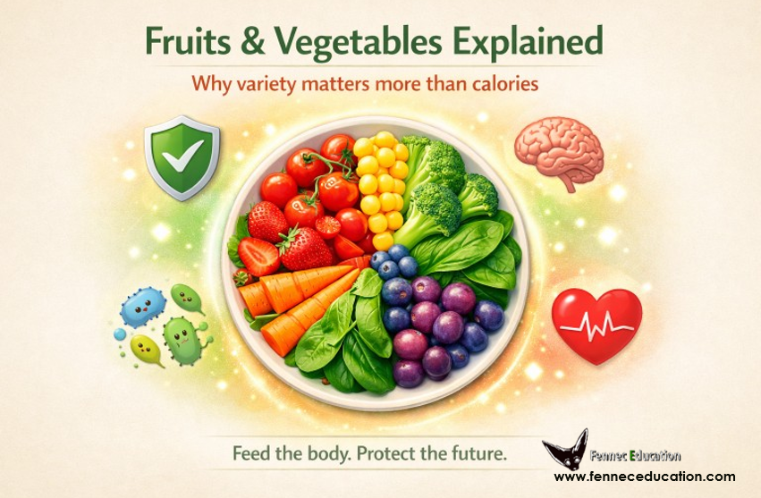 Colorful plate of fruits and vegetables arranged by color, illustrating the importance of variety for health and protection