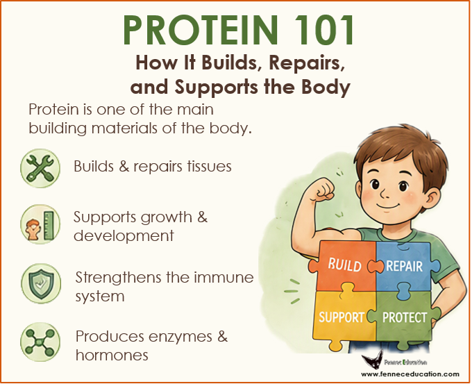 Protein 101 infographic showing how protein builds and repairs tissues, supports growth and development, strengthens immunity, and produces enzymes and hormones.